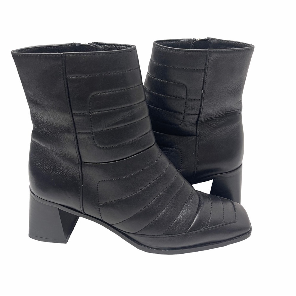 P'Intervalle Women's Black Leather Square Tip Quilted Ankle Boots Booties